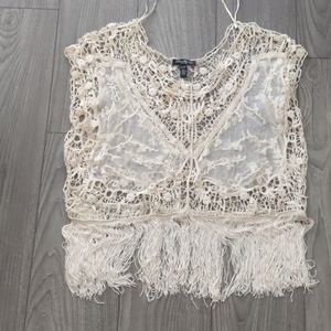 Beige lace and crochet top with tassels
